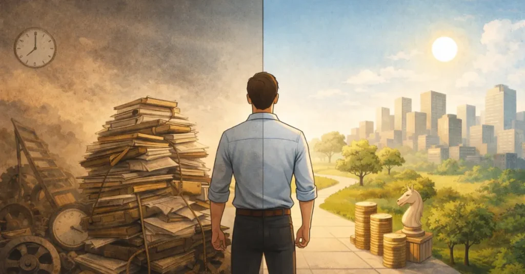 A person standing between a cluttered work environment and an organised path leading forward, showing the contrast between chaos and structure