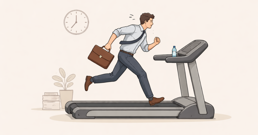 Illustration showing a man running on a treadmill while working, representing hard work without financial progress.