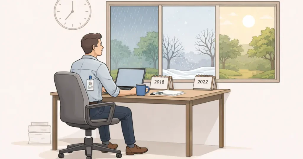 A man sitting at the same office desk while the seasons change outside the window, showing time passing without progress