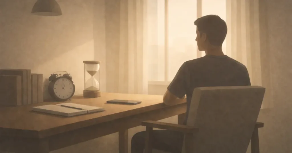 Minimal interior scene with a solitary figure sitting quietly at a desk, soft light entering through a window, subtle shadows suggesting stillness and financial reflection.