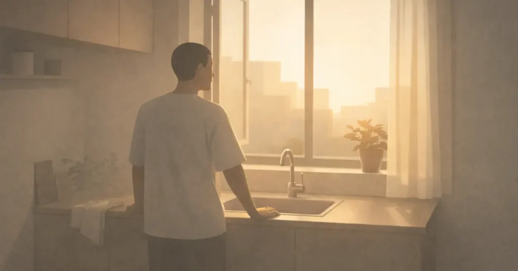 Minimal digital illustration of a person standing quietly by a kitchen window at sunset, soft muted tones, calm interior atmosphere.