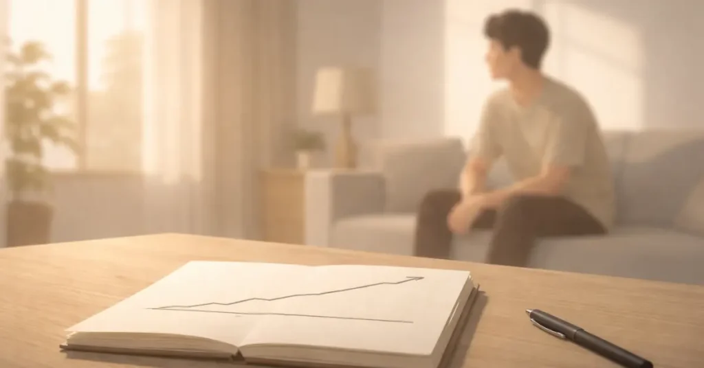 Minimal digital illustration of an open notebook showing two hand drawn lines, one rising steadily and one nearly flat, with a blurred figure in the background symbolizing income growth and stagnant financial ownership.