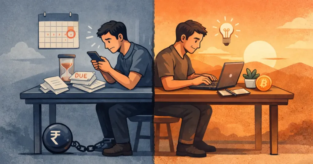 Illustration of a man divided between salary stress and building independent income systems at a desk