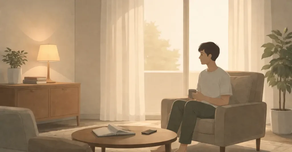 Minimal illustration of a person sitting quietly in a softly lit living room, holding a cup and looking ahead in stillness.