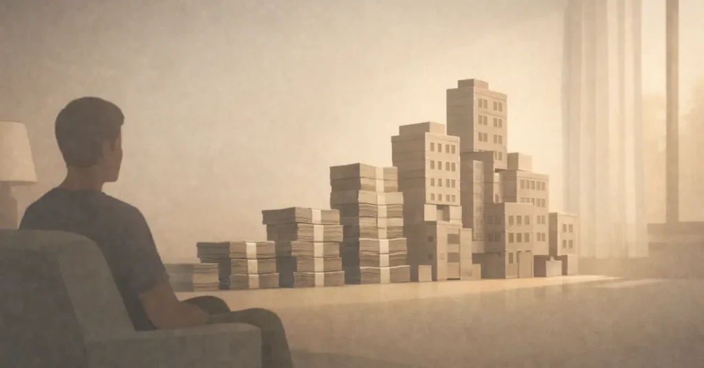 Salary turning into fixed structure inside a quiet room, symbolic illustration of money solidifying into commitments.