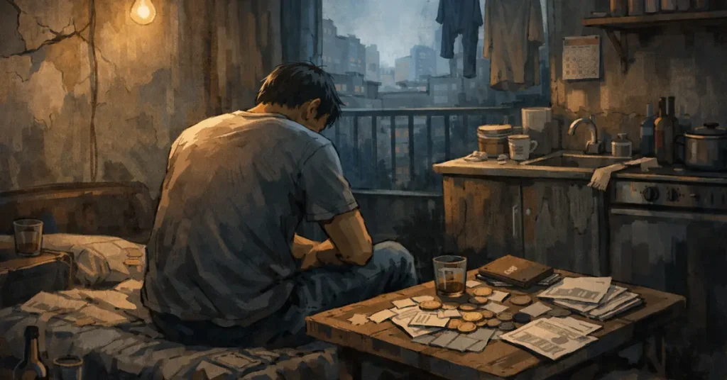 Illustration of a man sitting alone in a small room with bills and coins on the table, reflecting financial stress and fragile stability.