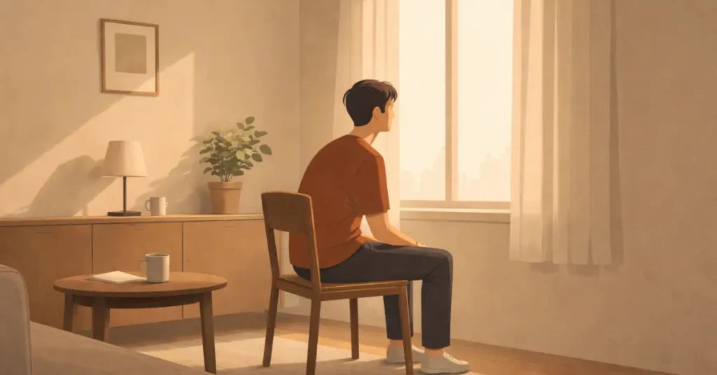Minimal illustration of a person sitting quietly by a window in soft natural light, reflecting in a calm interior space.