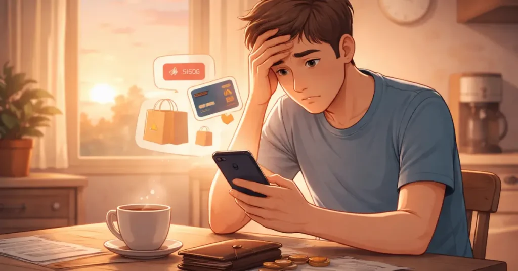 Illustration of a young man checking his phone in the morning while thinking about spending and money problems