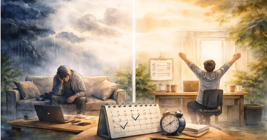 Motivation failing on a bad day contrasted with a simple routine and system continuing work