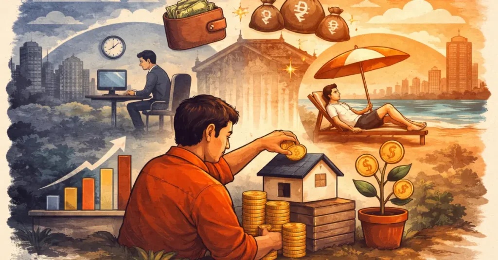 Man slowly building assets by setting aside money from a small salary