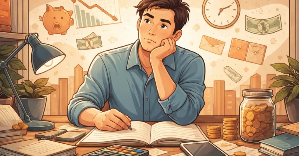 Illustration of a young professional thinking about money while reviewing finances, representing why smart people stay financially stuck
