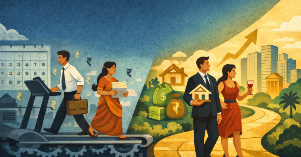 Illustration showing workers stuck in a monthly income cycle while wealth grows through assets and systems