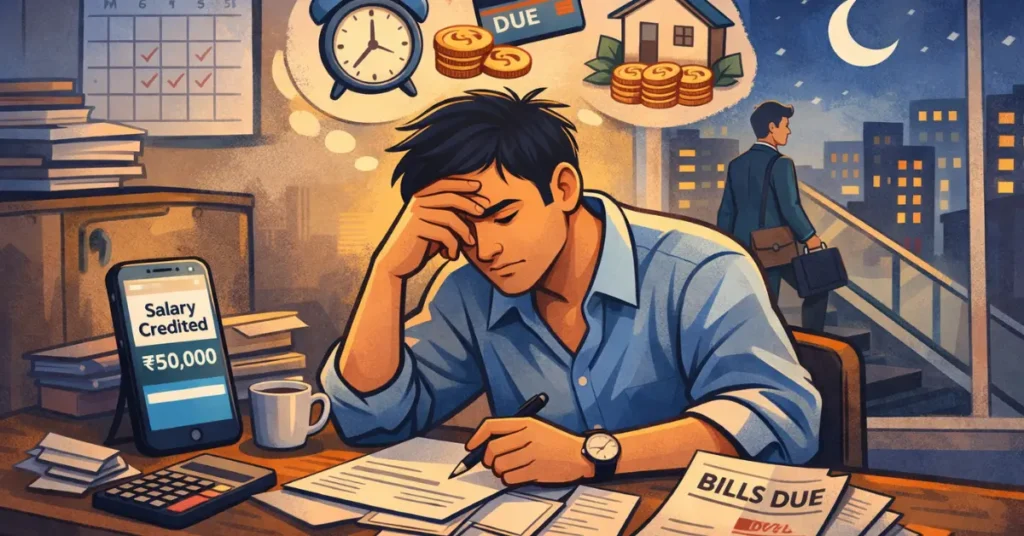 Working professional checking salary notification while reviewing bills and expenses at night