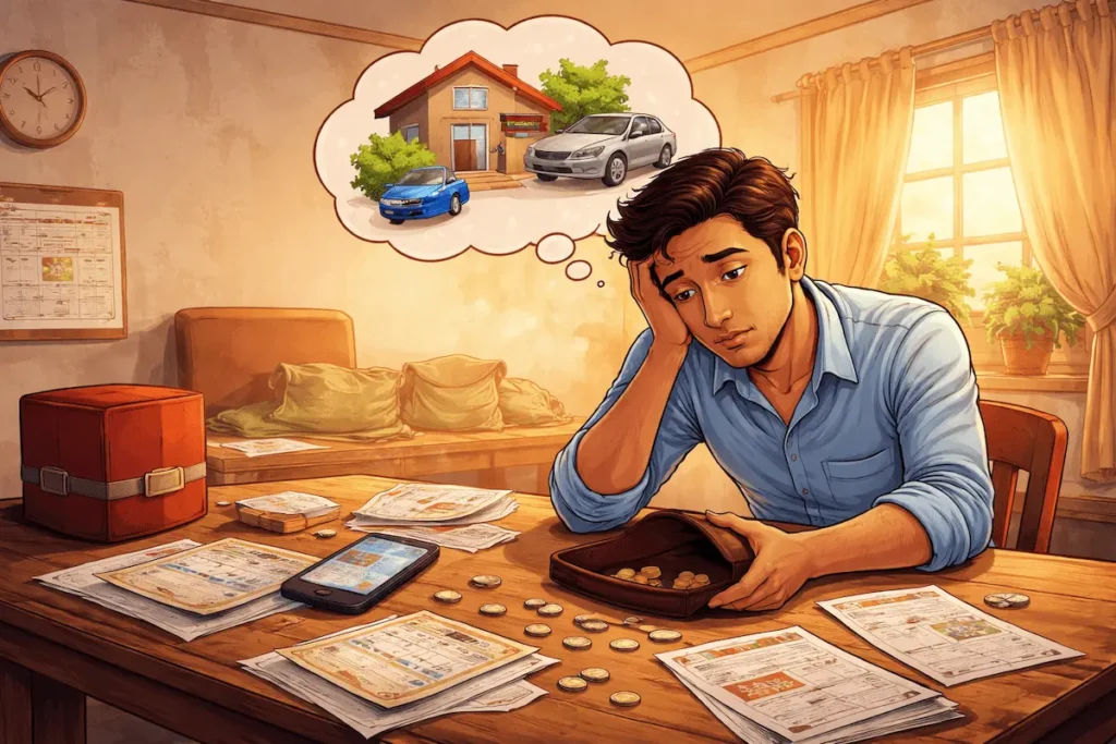 Stressed man with empty wallet and bills, struggling with salary running out mid-month