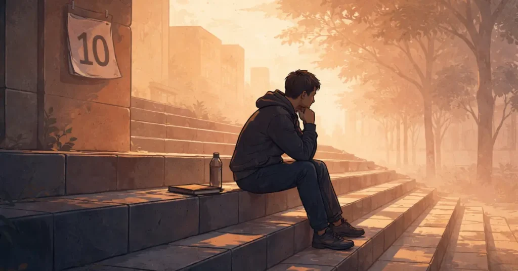 Illustration of a man sitting alone on steps at sunset, reflecting during a difficult phase of building habits around day ten