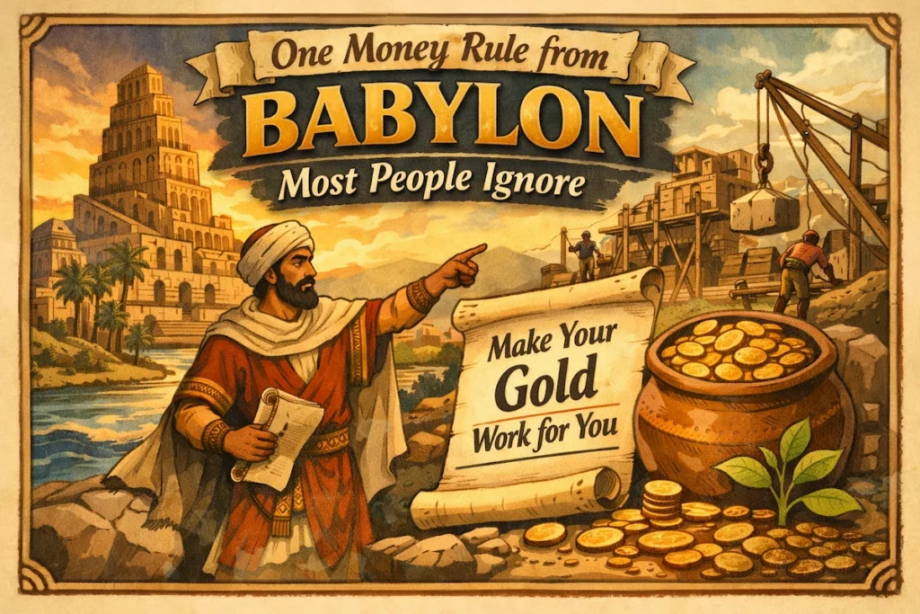 Illustration of ancient Babylon showing a wise man pointing at a scroll that says “Make your gold work for you,” symbolizing a timeless money rule about wealth building