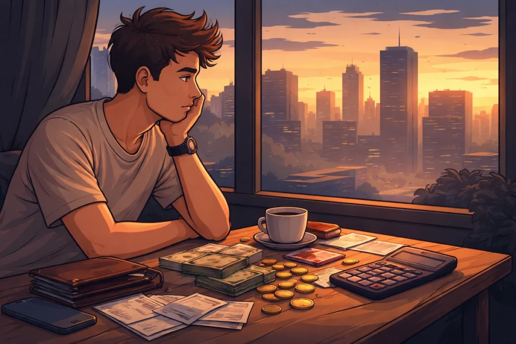man sitting with money bills and calculator thinking about impulse buying after salary day