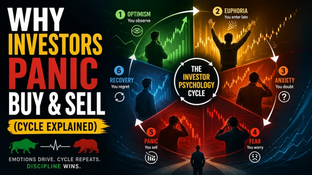 Illustration of investor psychology cycle showing why investors panic buy and sell during market volatility