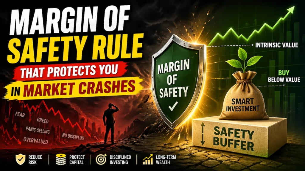 Margin of safety rule illustration showing protection shield against market crash and buying below intrinsic value for safer investing