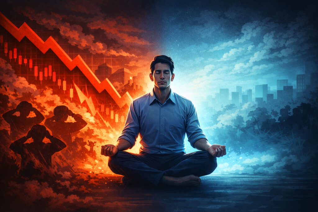 Illustration of calm investor during stock market volatility and panic
