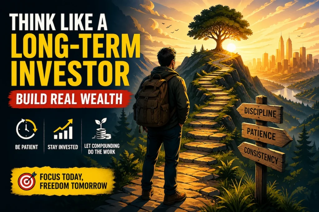 Illustration of a long-term investor walking toward financial freedom showing compounding growth, patience, and disciplined investing journey