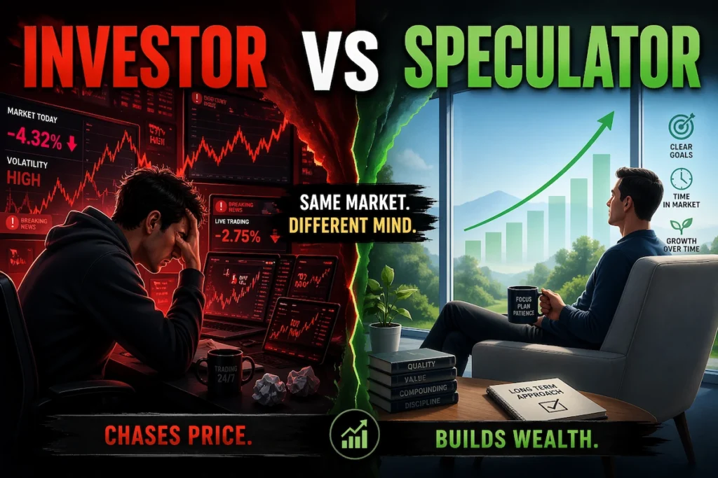 Illustration comparing investor vs speculator mindset, showing calm long-term investing vs chaotic short-term trading behavior