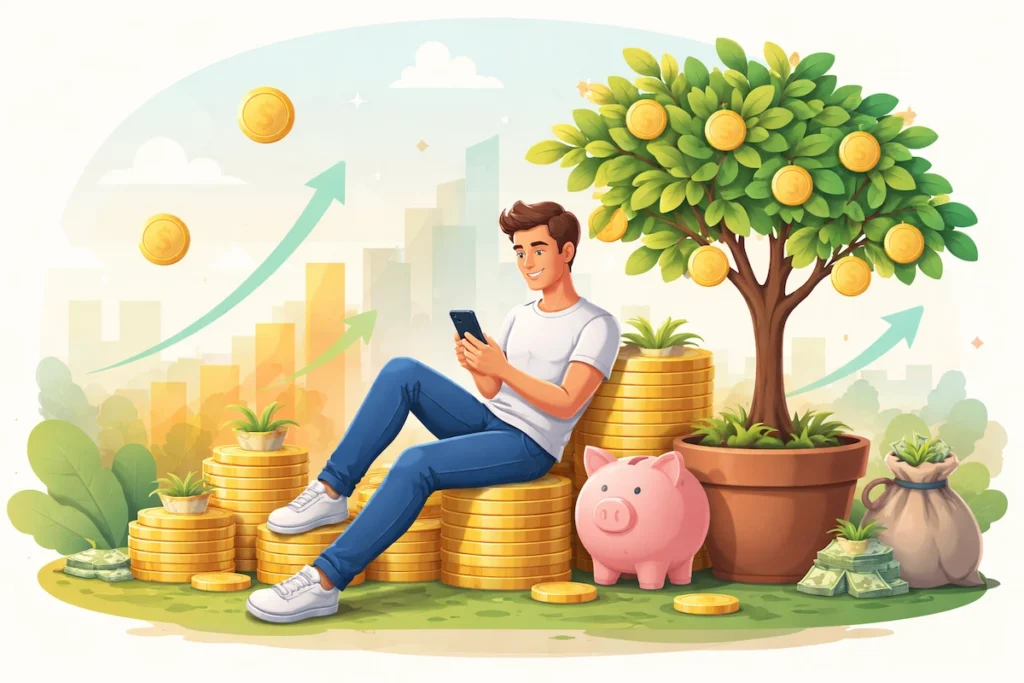 Illustration of a person relaxing while money grows through investments, symbolizing passive income, wealth building, and making money work for you