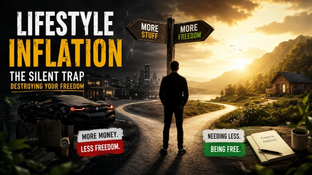 Lifestyle inflation concept showing luxury success versus financial freedom and escaping the hedonic treadmill