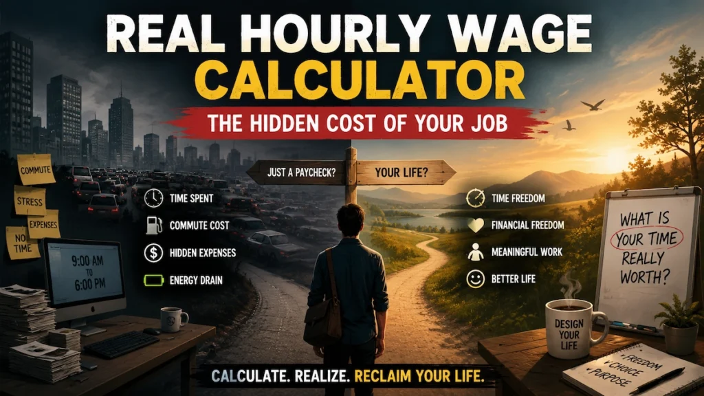 Illustration showing the hidden costs of work, including commuting, stress, unpaid time, and expenses, alongside a real hourly wage calculator concept that reveals what a job truly pays.