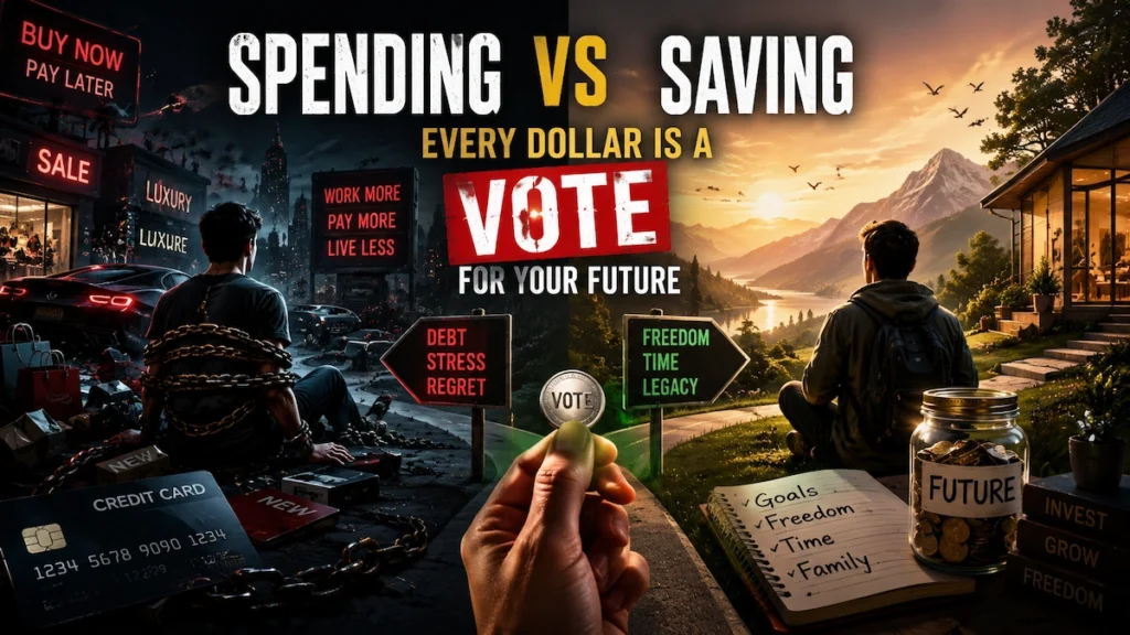 Illustration showing the contrast between spending vs saving, where every dollar acts as a vote for financial freedom or debt-driven consumerism.