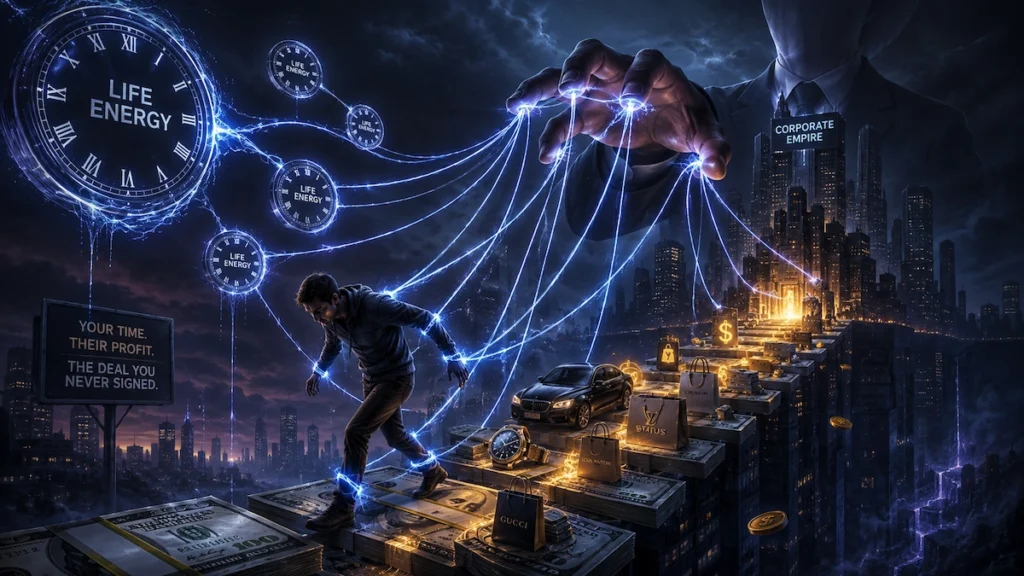 Surreal illustration of a corporate worker controlled by life-energy strings symbolizing time, money, and modern consumerism.