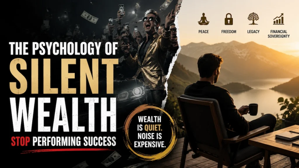 Illustration showing the psychology of silent wealth, contrasting performative success and luxury with inner peace, financial freedom, and quiet wealth.