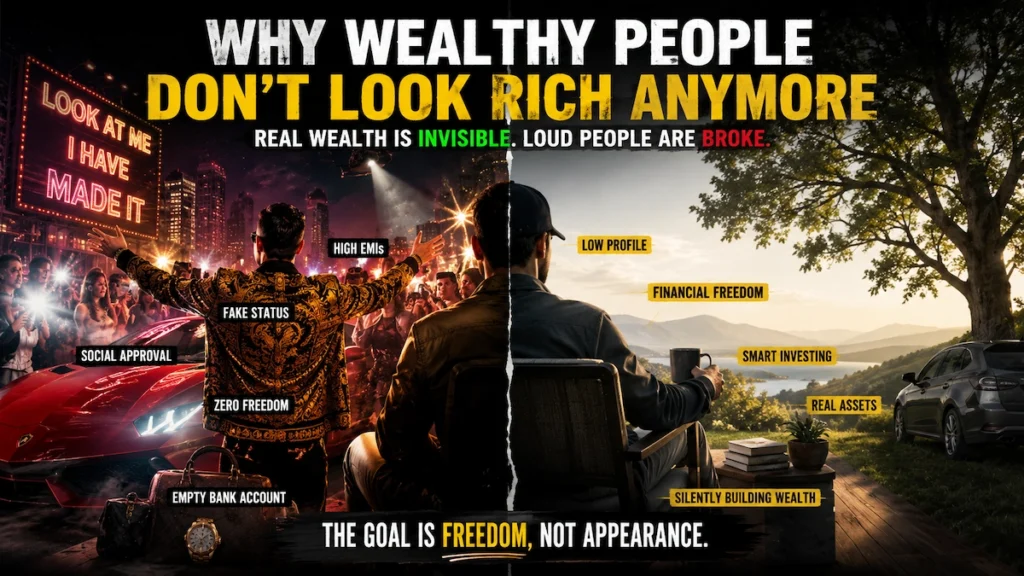 Illustration showing the contrast between flashy fake wealth and quiet financial freedom, explaining why wealthy people often look ordinary instead of rich.