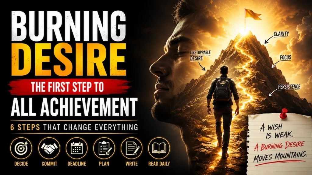 Illustration of a person climbing a glowing mountain path toward a summit, symbolizing burning desire, goal achievement, persistence, and the first success principle from Think and Grow Rich.