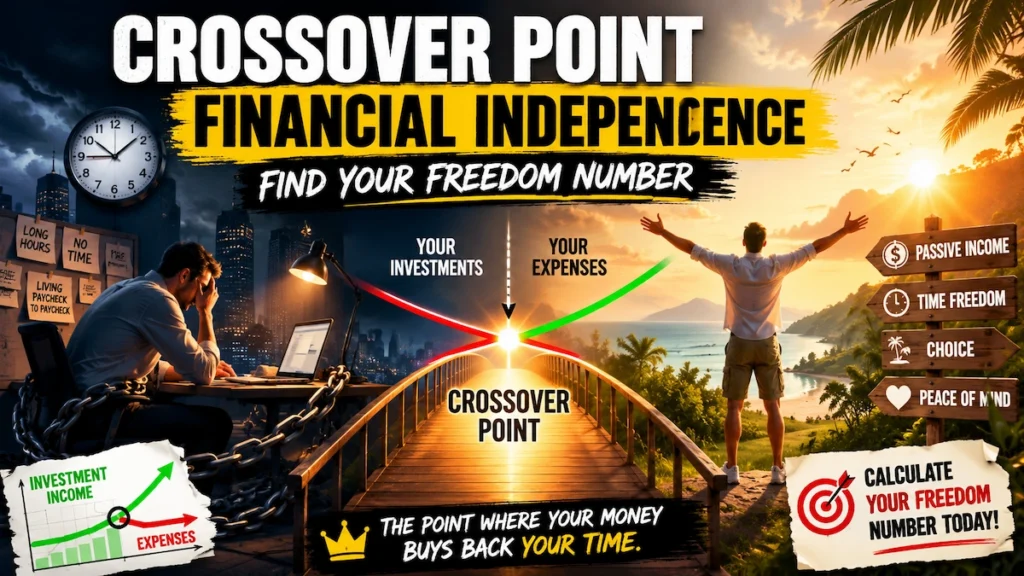 Illustration showing the crossover point financial independence where investment income surpasses living expenses, helping achieve financial freedom and time freedom.