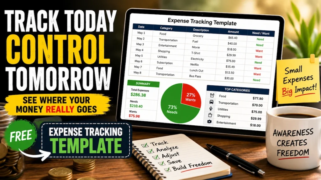 Illustration of a free expense tracking template showing spending categories, monthly expenses, and financial awareness for better money management and financial freedom.