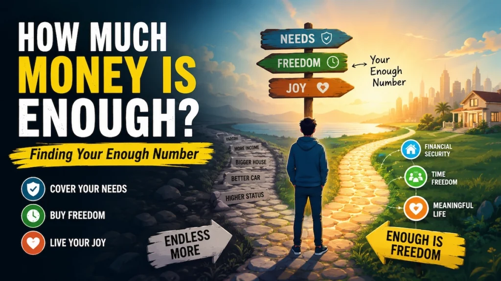 Illustration showing a person choosing between endless consumerism and a meaningful life while discovering their enough number for financial independence, happiness, and life satisfaction.