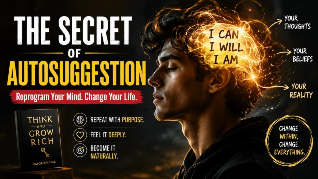 Illustration of a person reprogramming the subconscious mind to explain autosuggestion in Think and Grow Rich by Napoleon Hill.