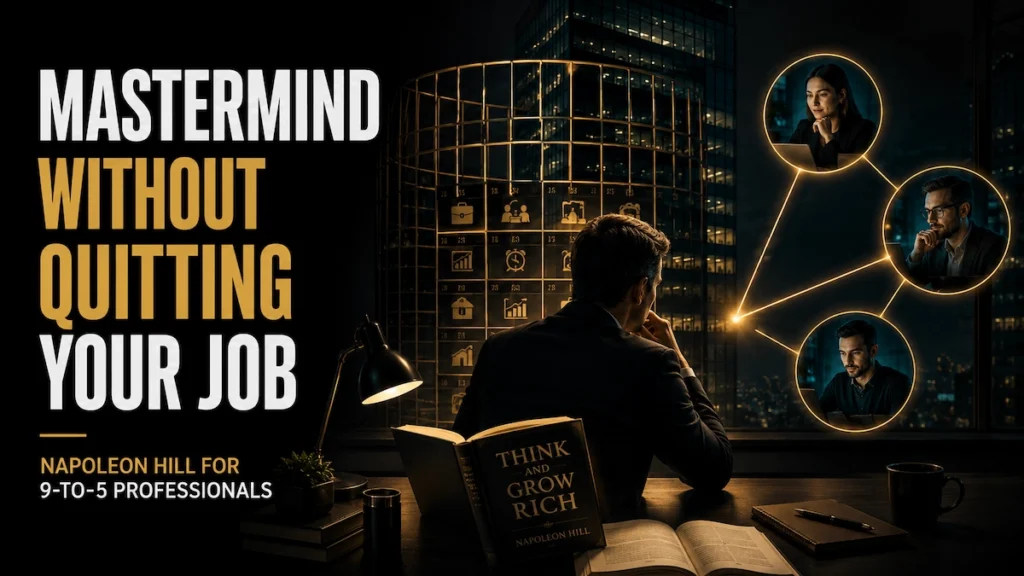 Mastermind principle Napoleon Hill without quitting your job, showing a professional building strategic connections and ownership while keeping his 9-to-5